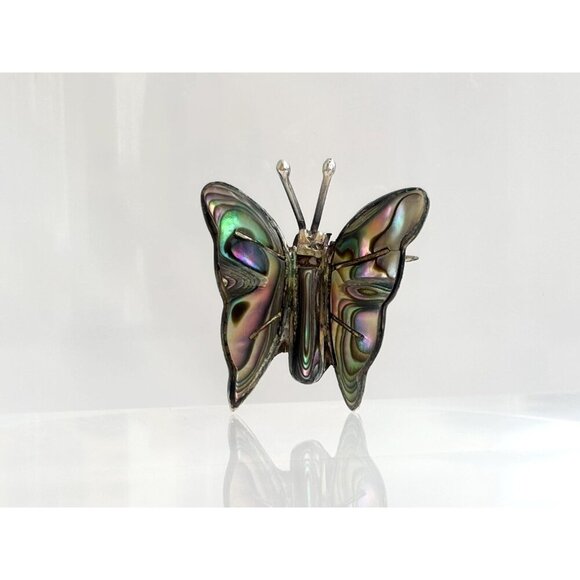 Butterfly Shaped Mexican Made Abalone Shell Inlay Vintage Sterling Silver Brooch - Picture 2 of 10